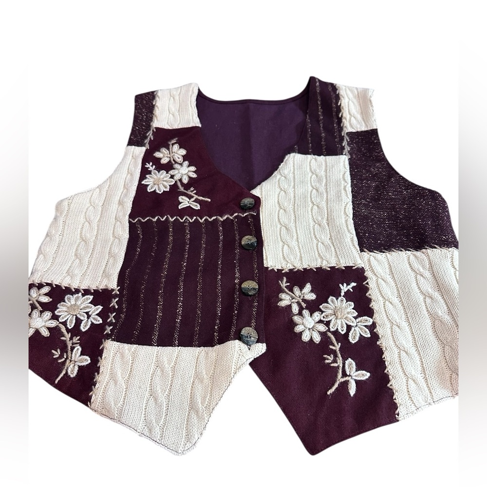 Boho Patchwork women’s Embroidery Vest Floral Knit Panel Cottagecore Cream Brown